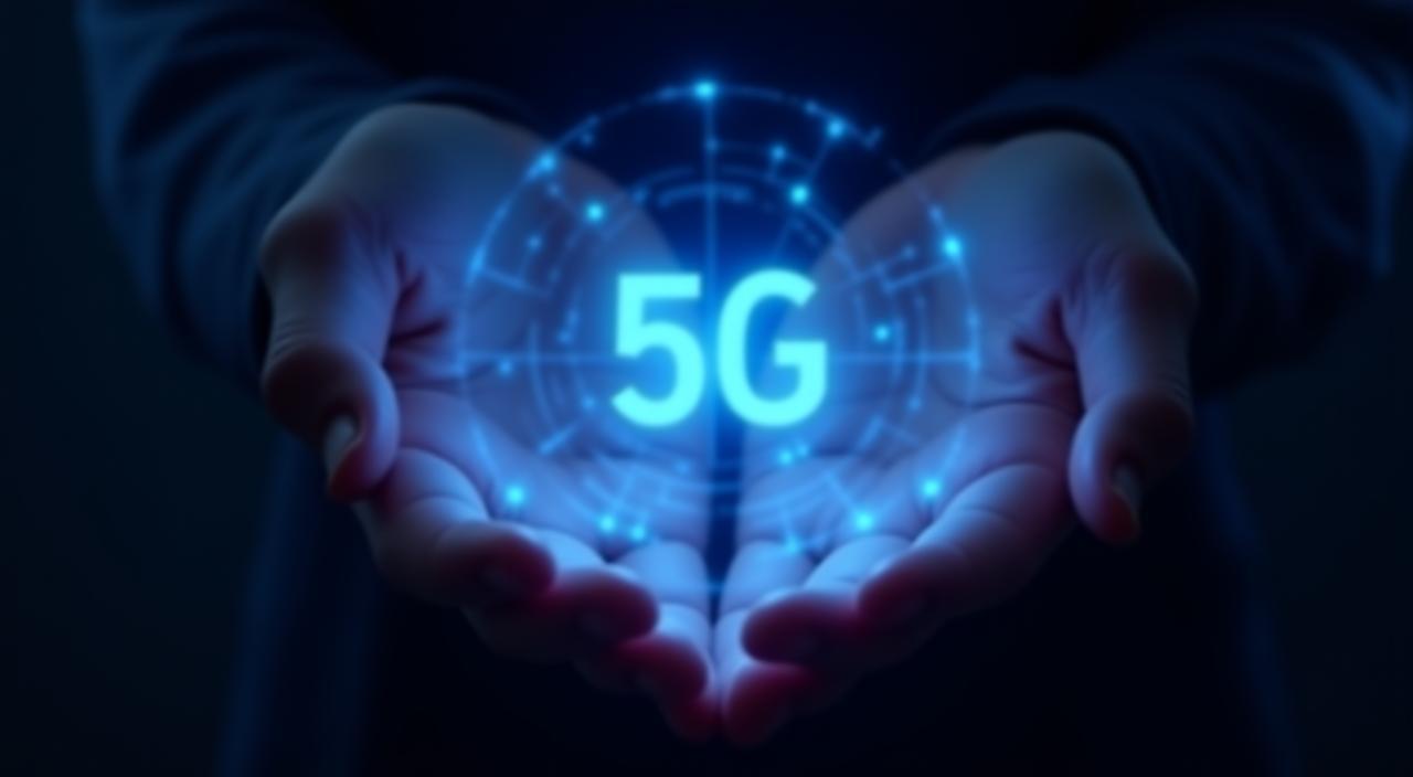 Hände halten ein Hologramm eines 5G-Symbols